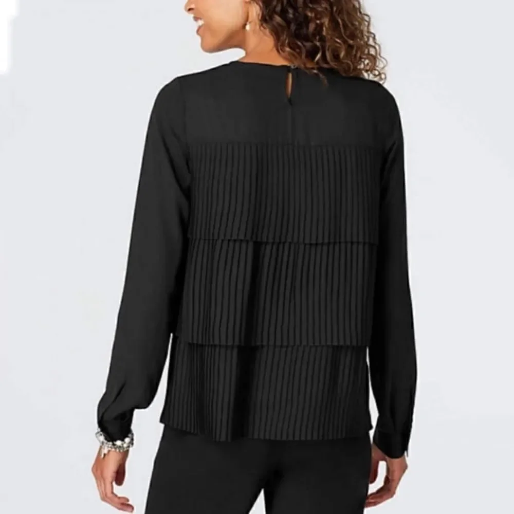 J. Jill Size Large Black Long Sleeve Pleated Tiered Ruffle Blouse Top